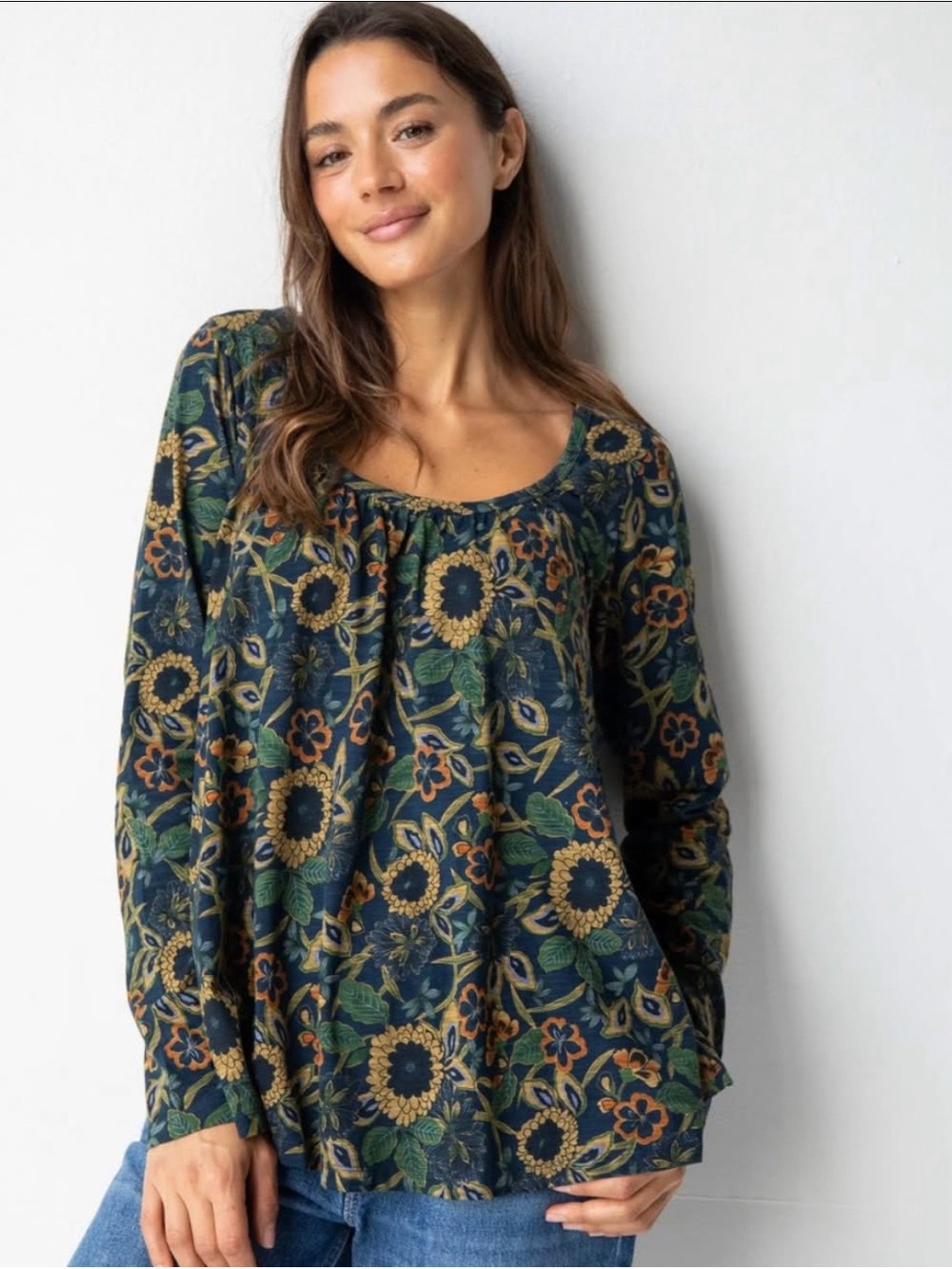 Natural Life Iris Top 100% Cotton Long Sleeve Navy Blue Dahlias Floral Size XL - Picture 2 of 10